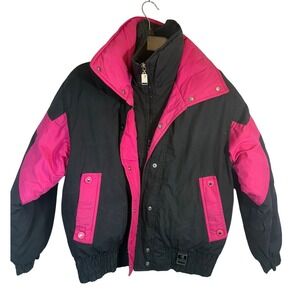 Vintage Downhill Racer Ski Jacket Black Pink Color Block Zip  Girls 14 Winter
